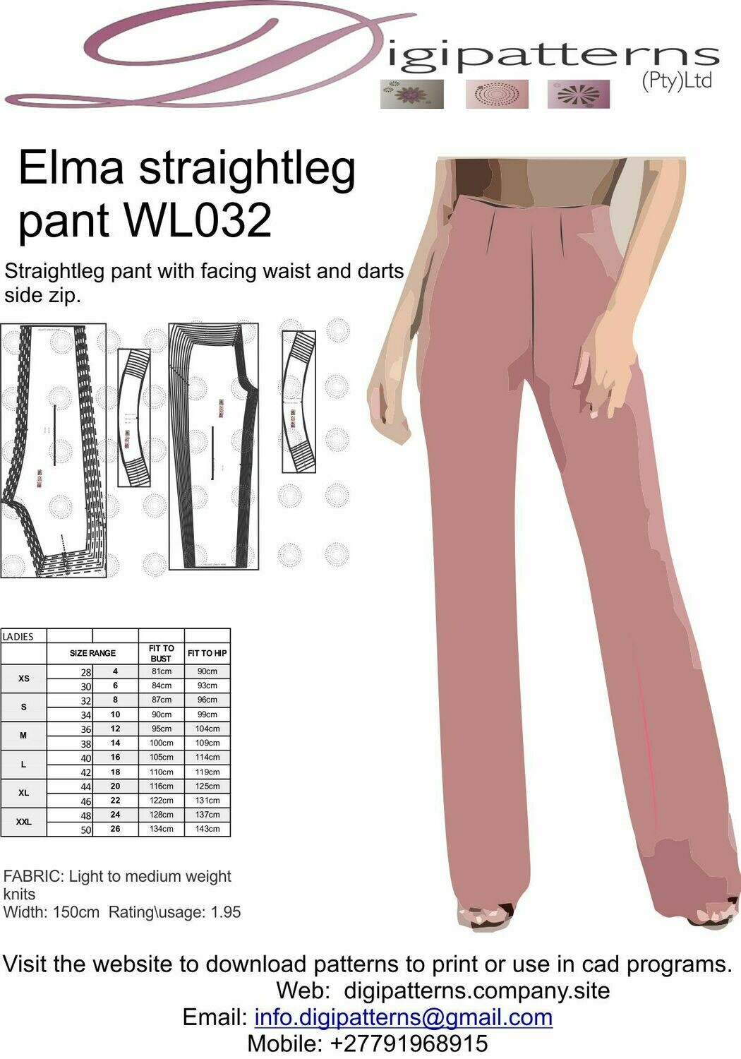WL032_Ladies straightleg Slax, waisted facing, side zip, PDF, nested, size 26-44