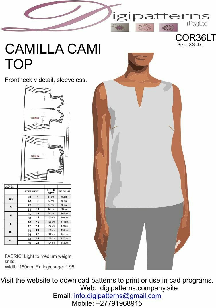 CAMISOLE CAMILLA KEYHOLE , SIZE SMALL TO 2XL, nested pattern.