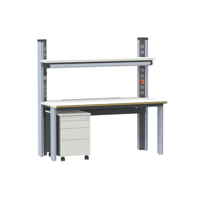 Arbeitsplatz primus two mit Ablageelement und Rollcontainer (konfigurierbar) Arbeitsplatz primus two mit Ablageelement und Rollcontainer (konfigurierbar)