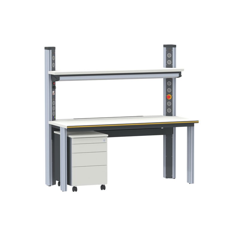 Arbeitsplatz primus two mit Ablageelement und Rollcontainer (konfigurierbar) Arbeitsplatz primus two mit Ablageelement und Rollcontainer (konfigurierbar)