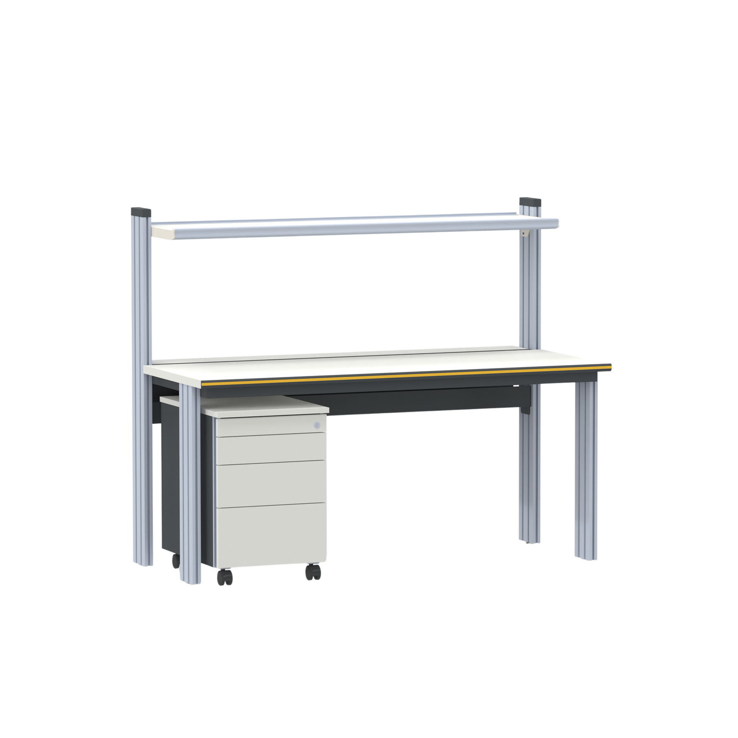 Arbeitsplatz primus two basic mit Funktionsfachboden und Rollcontainer (konfigurierbar)