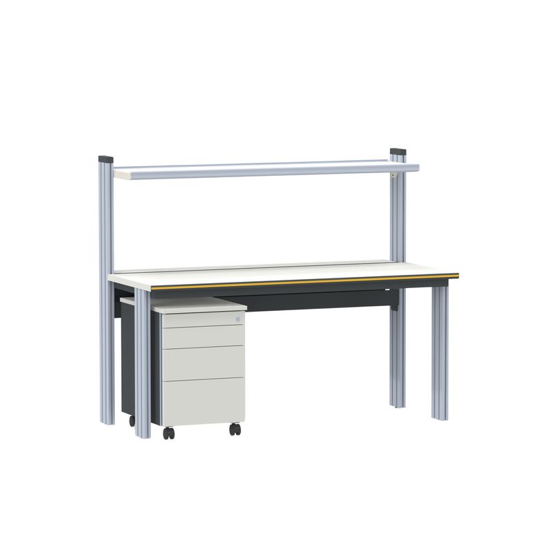 Arbeitsplatz primus two basic mit Funktionsfachboden und Rollcontainer (konfigurierbar) Arbeitsplatz primus two basic mit Funktionsfachboden und Rollcontainer (konfigurierbar)