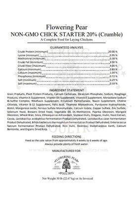 STARTER/GROWER CHICK Feed NON-GMO Flowering Pear Poultry recipe 20% protein Crumble