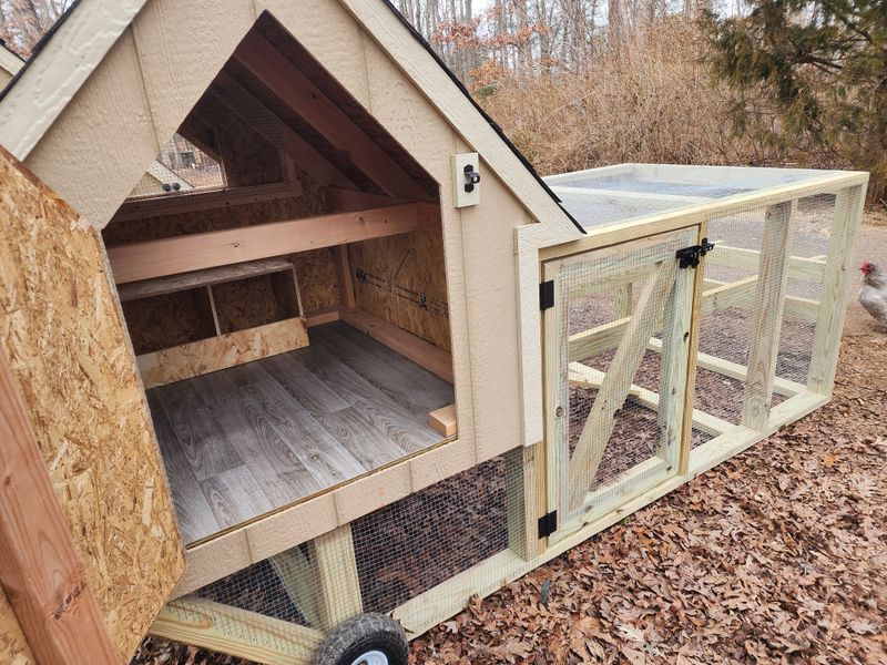 4x4 Chicken Tractor Coop with smart siding, pressure-treated legs, wheels and attached run!