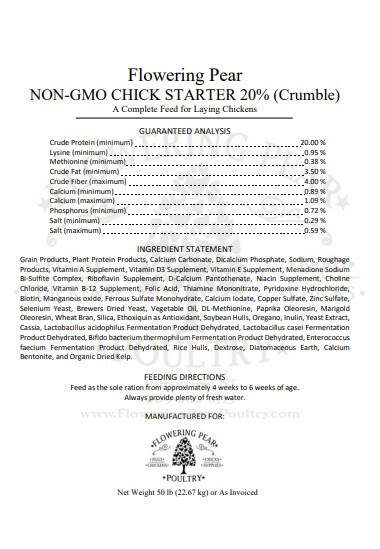 STARTER/GROWER CHICK Feed NON-GMO Flowering Pear Poultry recipe 20% protein Crumble