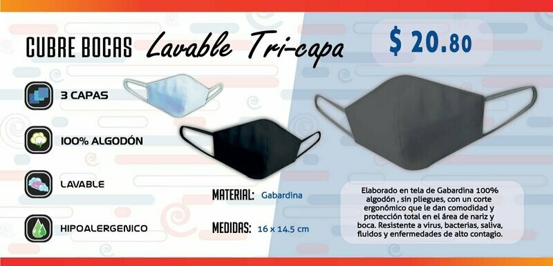 Cubre Bocas Lavable Tri-Capa