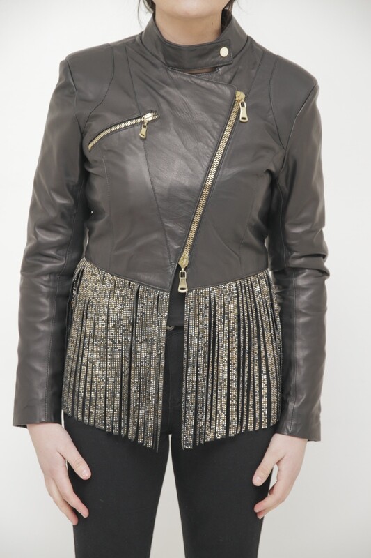 Giacca in pelle da donna con frange  strass