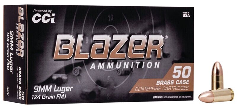 CCI 5201 Blazer Brass 9mm Luger 124 gr Full Metal Jacket (FMJ) 50ct box