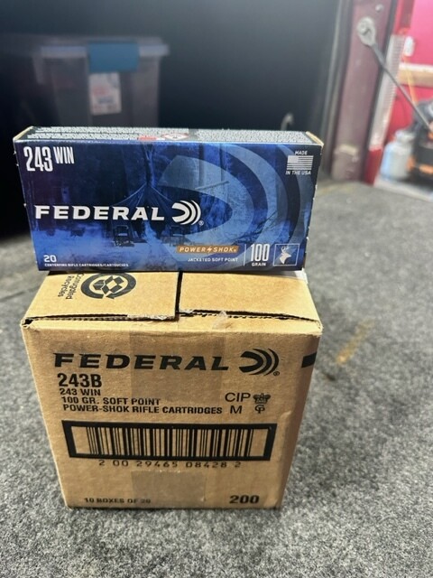 WHOLESALE Federal 243B Power-Shok Hunting 243 Win 100 gr Jacketed Soft Point (JSP) 20 Per Box/ 10 Cs 200ct case