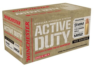 WHOLESALE Winchester Ammo WIN9MHSC Active Duty Mil-Spec 9mm Luger 115 gr Full Metal Jacket Flat Nose (FMJFN) 100 Per Box/5 Cs 500ct Total