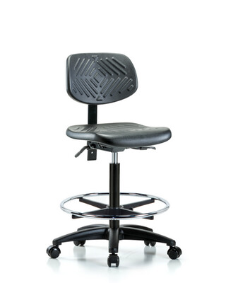 Polyurethane Chair - High Bench Height with Chrome Foot Ring & Casters in Black Polyurethane