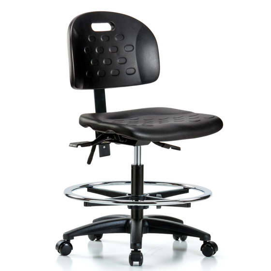 Newport Industrial Polyurethane Chair - Medium Bench Height with Seat Tilt, Chrome Foot Ring, & Casters in Black Polyurethane