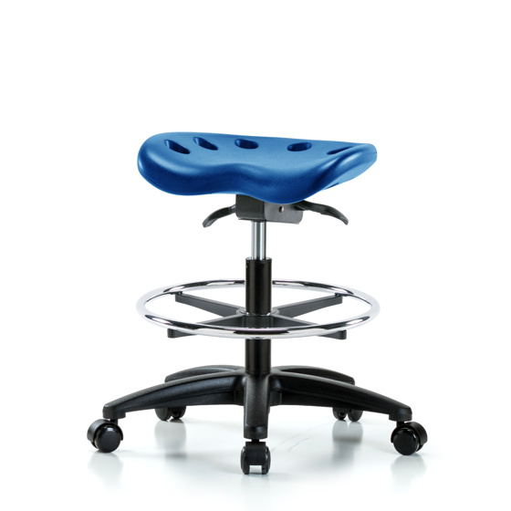 Polyurethane Tractor Sit-Stand Stool - Medium Bench Height with Chrome Foot Ring & Casters in Blue Polyurethane