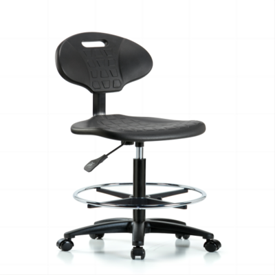 Erie Polyurethane Chair - High Bench Height with Chrome Foot Ring & Casters in Black Polyurethane