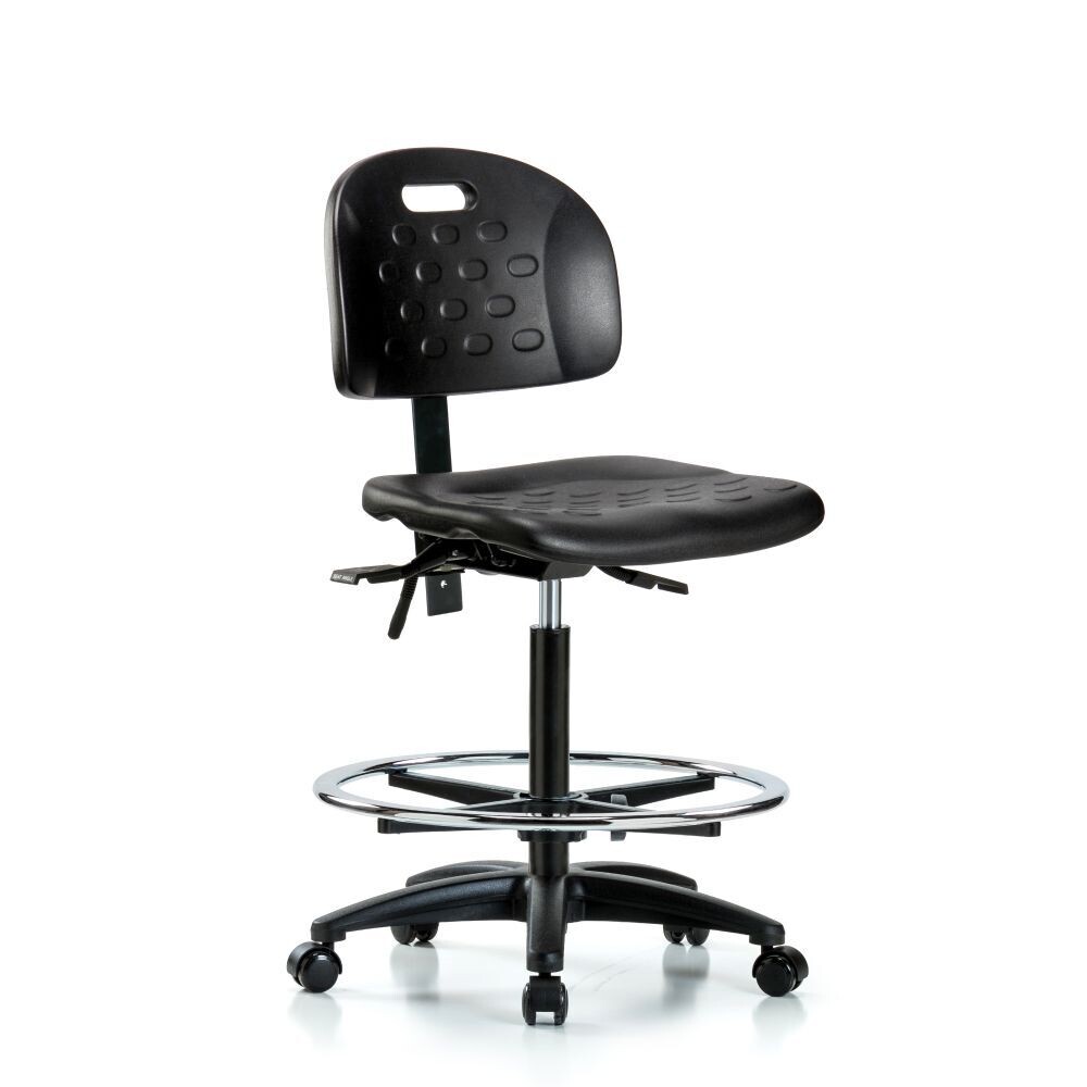 Newport Industrial Polyurethane Chair - High Bench Height with Chrome Foot Ring & Casters in Black Polyurethane