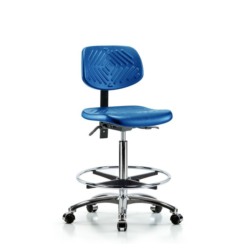 Polyurethane Chair Chrome - High Bench Height with Seat Tilt, Chrome Foot Ring, & Casters in Blue Polyurethane