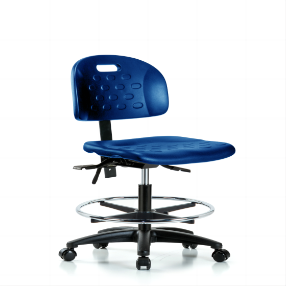 Newport Industrial Polyurethane Chair - Medium Bench Height with Chrome Foot Ring & Casters in Blue Polyurethane