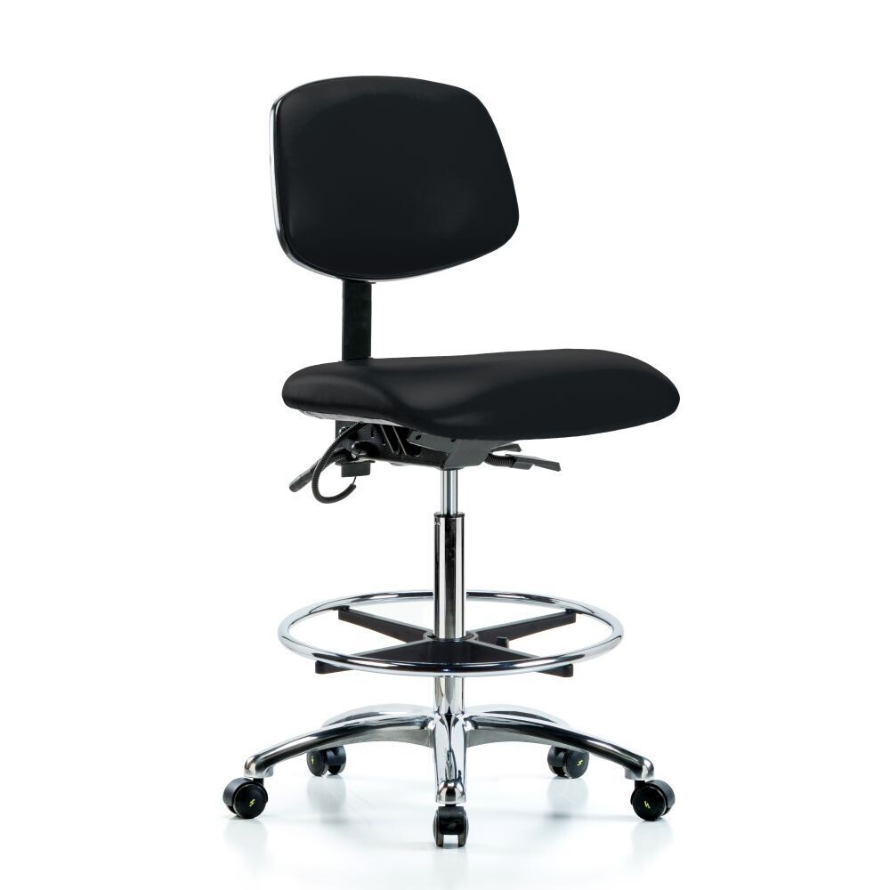 Vinyl ESD Chair - High Bench Height with Chrome Foot Ring & ESD Casters in ESD Black Vinyl