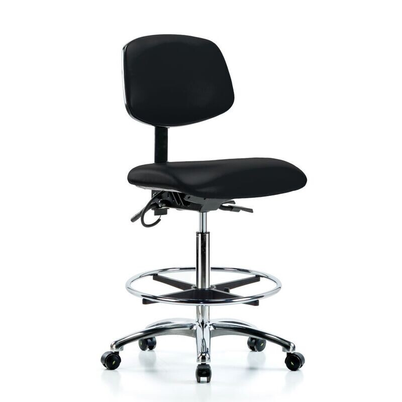 Vinyl ESD Chair High Bench Height with Chrome Foot Ring & ESD Casters in ESD Black Vinyl