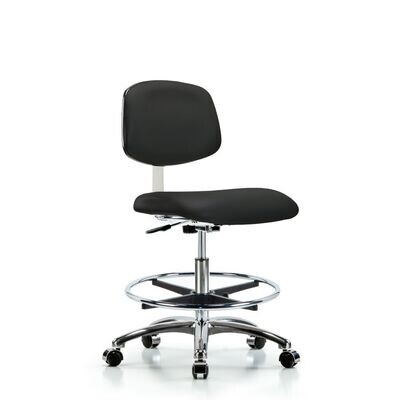 Class 10 Clean Room Vinyl Chair Chrome - Medium Bench Height with Chrome Foot Ring & Casters in Black Trailblazer™ Vinyl
