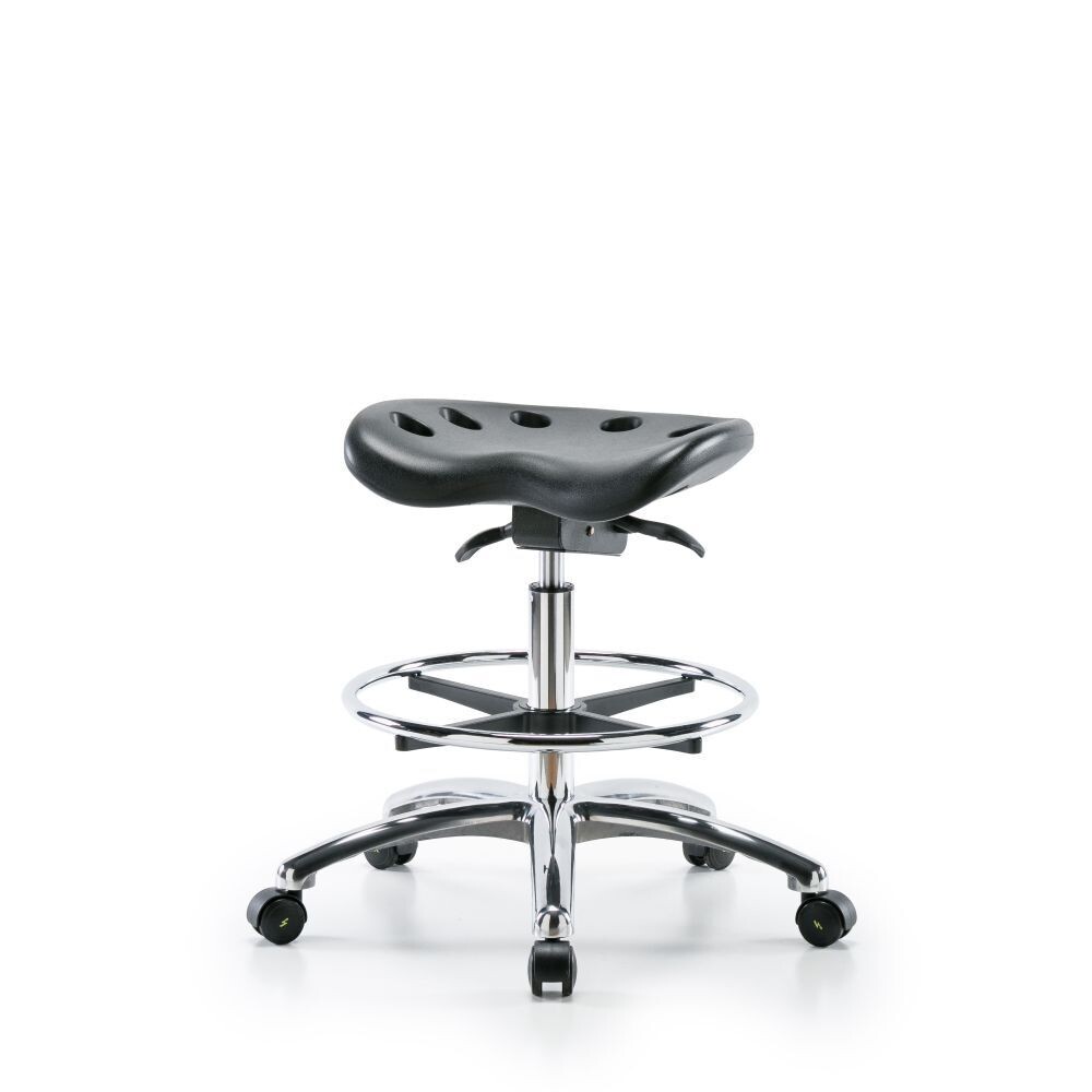 Polyurethane ESD Tractor Sit-Stand Stool Chrome - Medium Bench Height with Chrome Foot Ring & ESD Casters in ESD Black Polyurethane