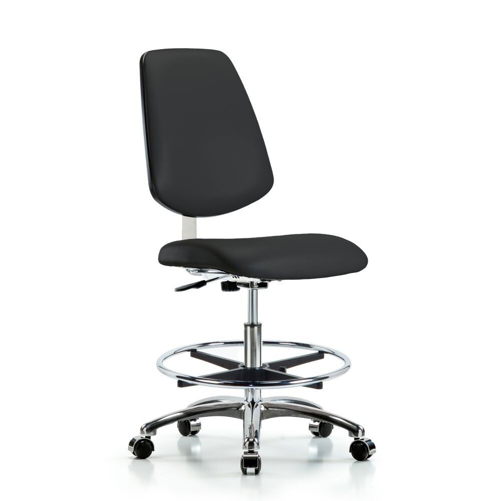 Class 10 Clean Room Vinyl Chair Chrome - Medium Bench Height with Medium Back, Chrome Foot Ring, & Casters in Black Trailblazer™ Vinyl