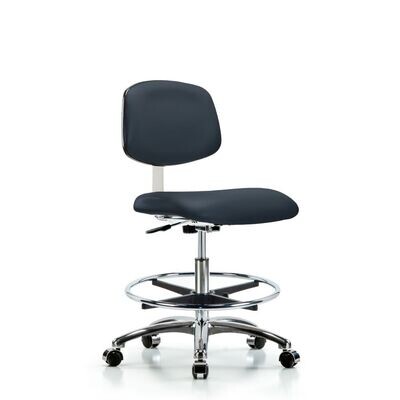 Class 10 Clean Room Vinyl Chair Chrome - Medium Bench Height with Chrome Foot Ring & Casters in Imperial Blue Trailblazer™ Vinyl