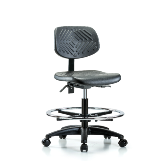Polyurethane Chair - Medium Bench Height with Chrome Foot Ring & Casters in Black Polyurethane