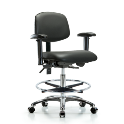 Vinyl Chair Chrome - Medium Bench Height with Adjustable Arms, Chrome Foot Ring, & Casters in Carbon Supernova™ Vinyl