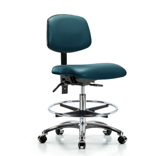 Vinyl Chair Chrome - Medium Bench Height with Chrome Foot Ring & Casters in Marine Blue Supernova™ Vinyl