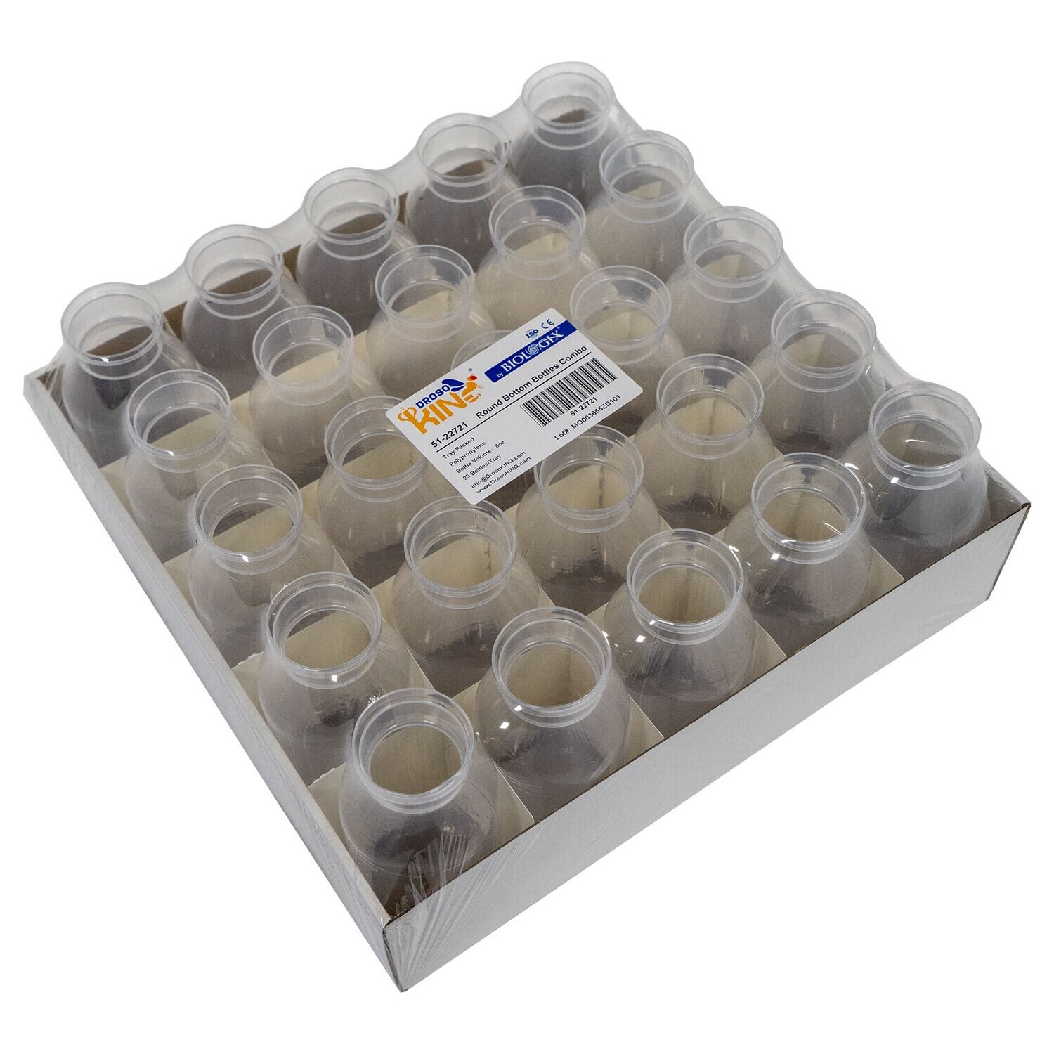 Drosophila Bottles, 8oz (227ml), Round Bottom, Bulk/Tray Package, 100 Pcs/Case