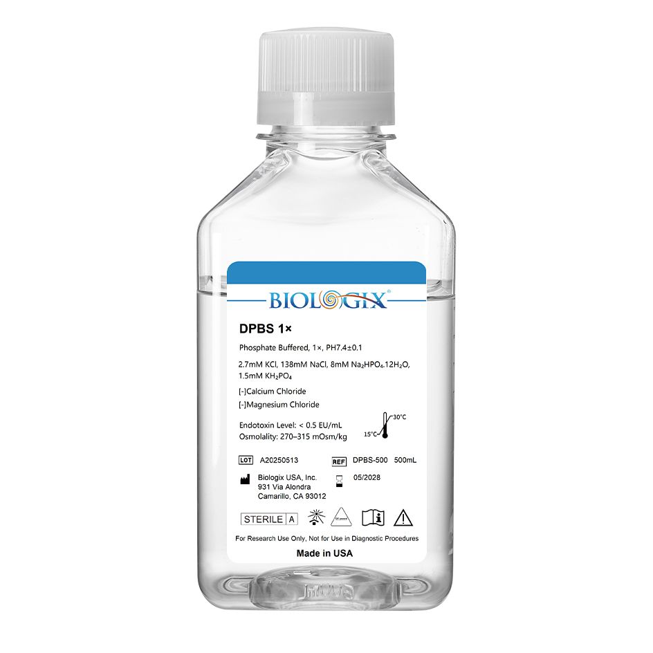 Biologix® DPBS Buffer (without Ca2+&amp;Mg2+) (1×), pH7.4, Sterile, Low Endotoxin, 500mL/ Bottle, 10 Bottles/Case