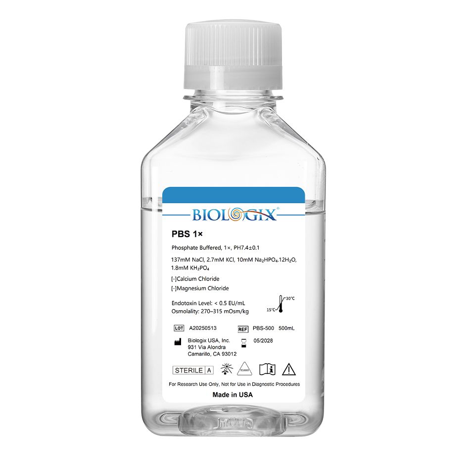 Biologix® PBS Buffer (1×), pH7.4, Sterile, Low Endotoxin, 500mL/Bottle, 10 Bottles/Case