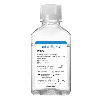 Biologix® PBS Buffer (1×), pH7.4, Sterile, Low Endotoxin, 500mL/Bottle, 10 Bottles/Case