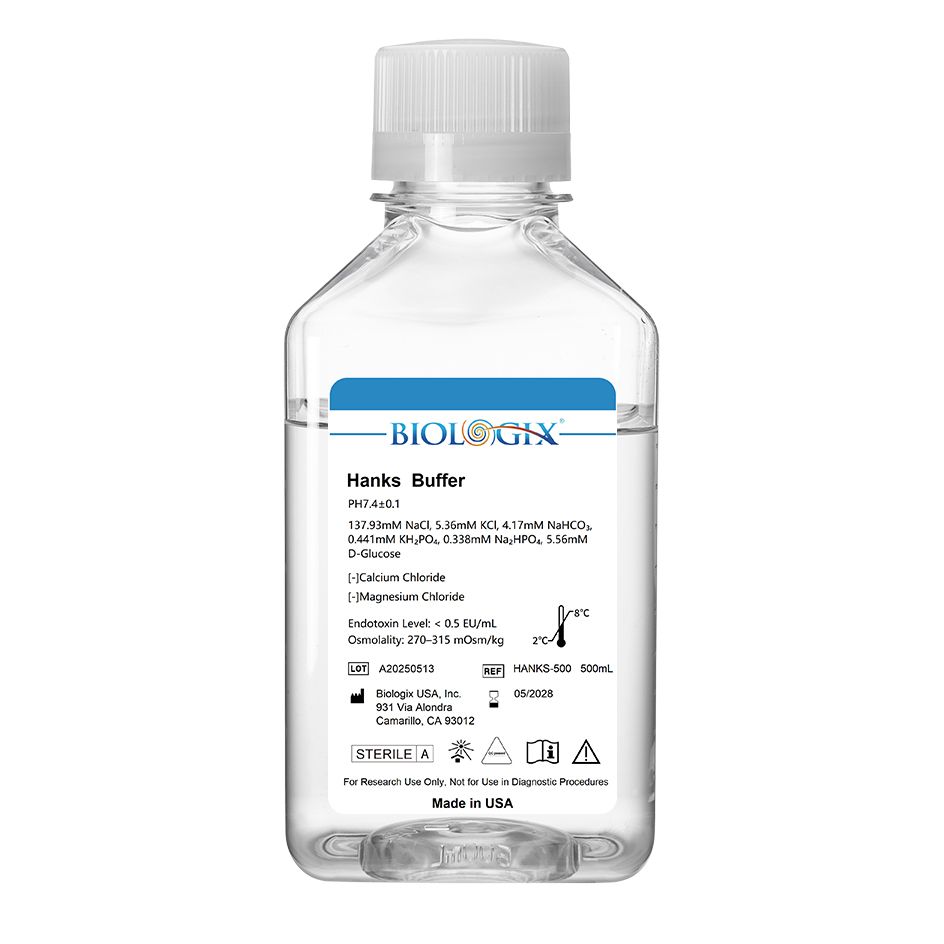 Biologix® Hanks Buffer (1×) (without Ca2+&amp;Mg2+), pH7.1-7.5, Sterile, 500mL/ Bottle, 10 Bottles/Case