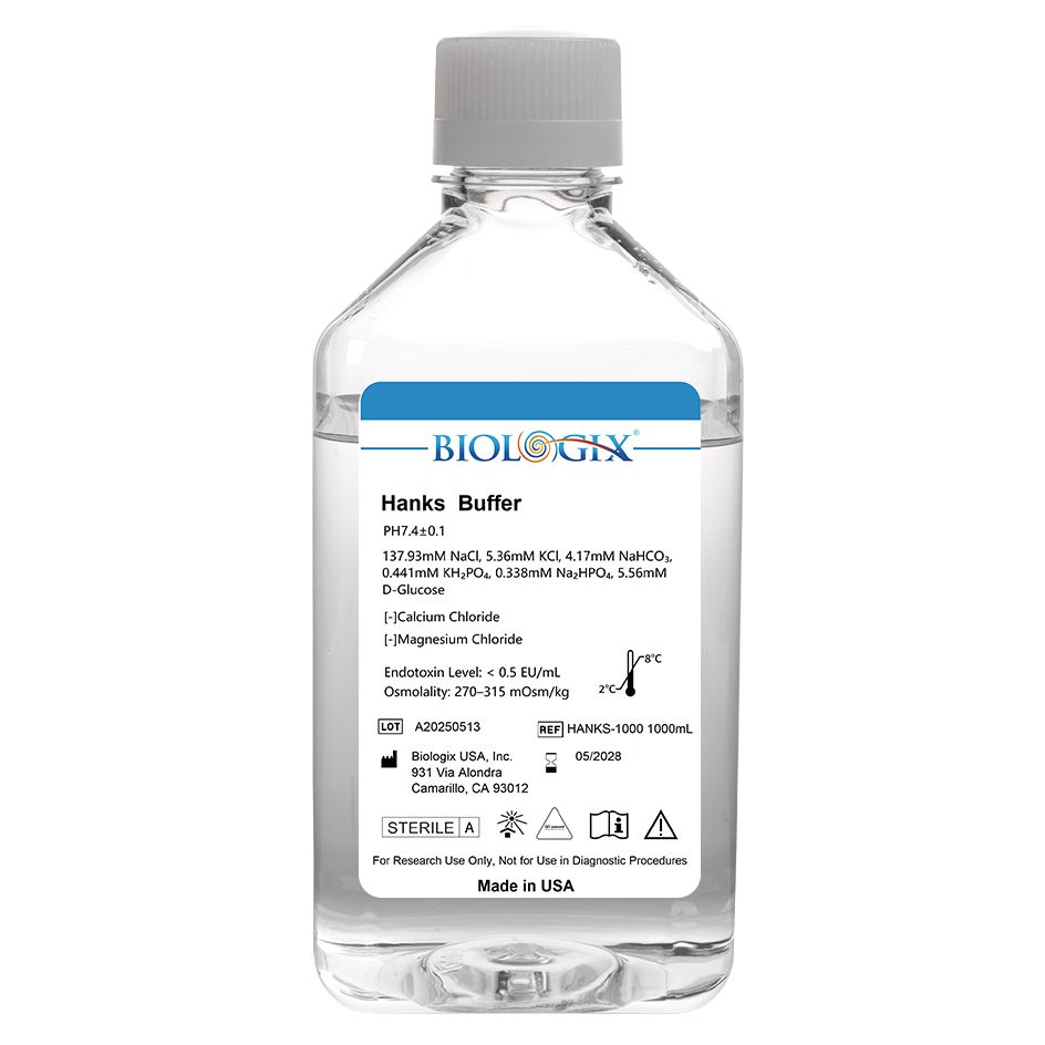 Biologix® Hanks Buffer(1×) (without Ca2+&amp;Mg2+), pH7.1-7.5, Sterile, 1000mL/ Bottle, 6 Bottles/Case