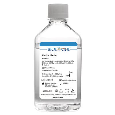 Biologix® Hanks Buffer(1×) (without Ca2+&amp;Mg2+), pH7.1-7.5, Sterile, 1000mL/ Bottle, 6 Bottles/Case
