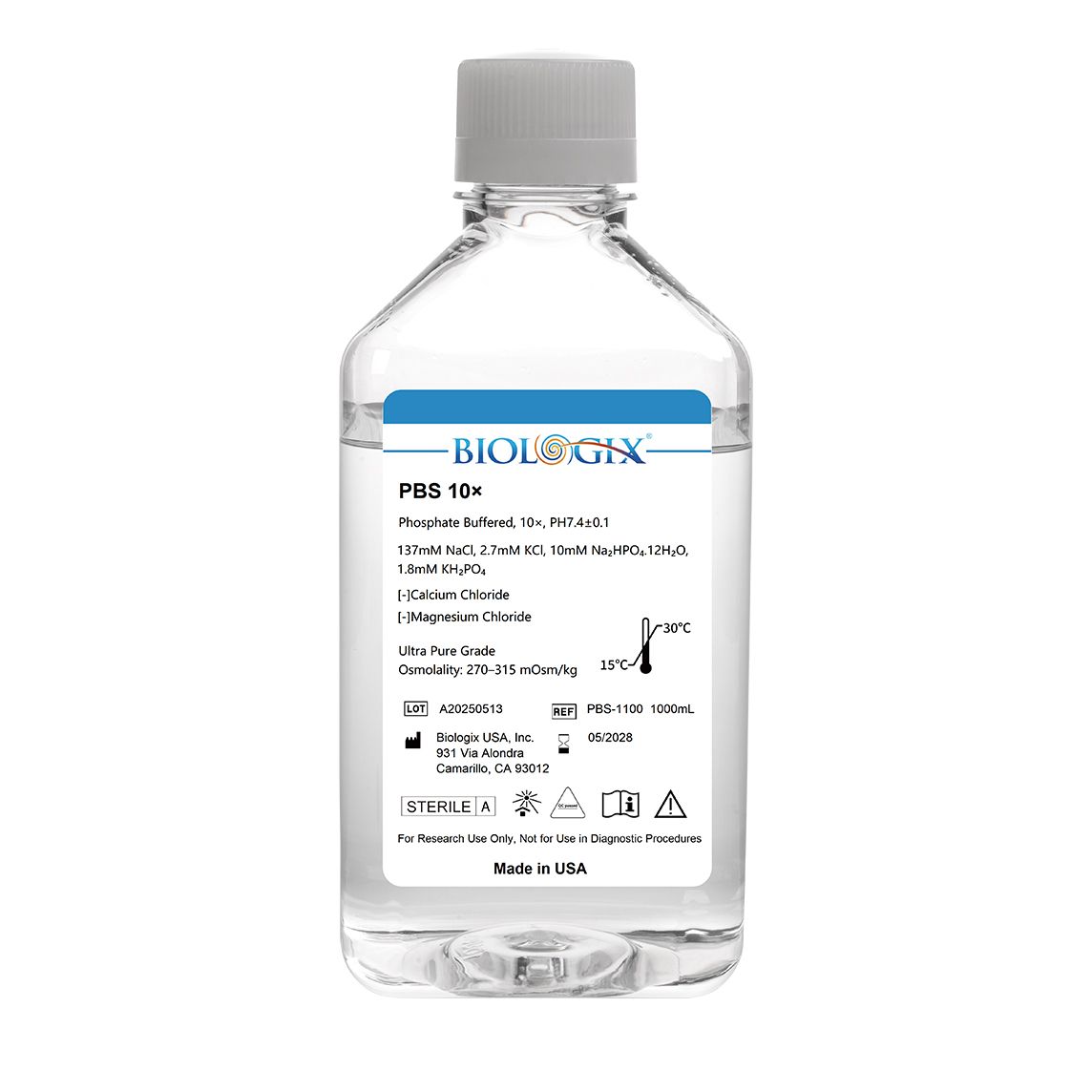 Biologix® PBS Buffer (10×), pH7.4, Sterile, 1000mL/ Bottle, 6 Bottles/Case