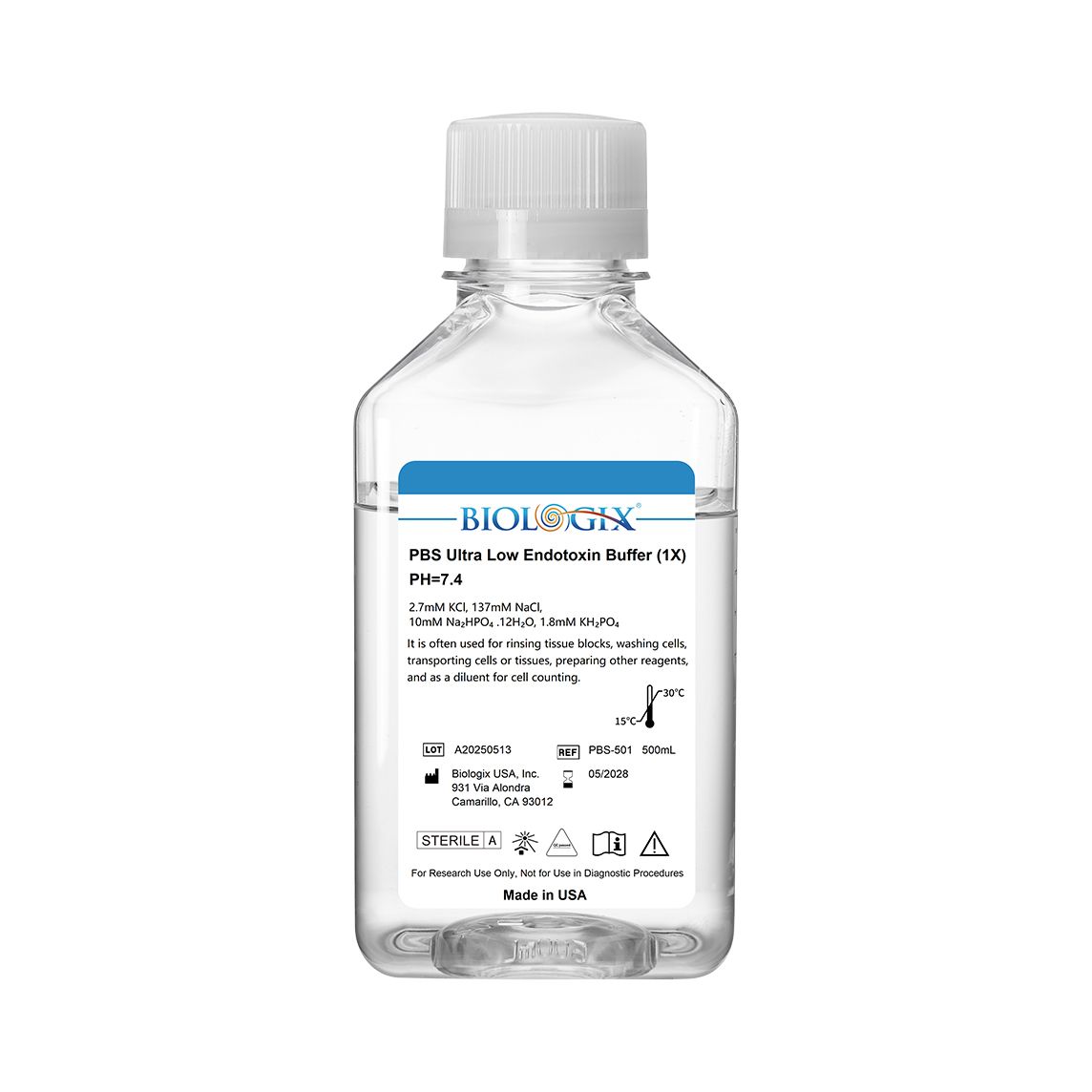 Biologix® PBS Buffer (1×), pH7.4, Sterile, Ultra - low endotoxin, 500mL/Bottle, 10 Bottles/Case