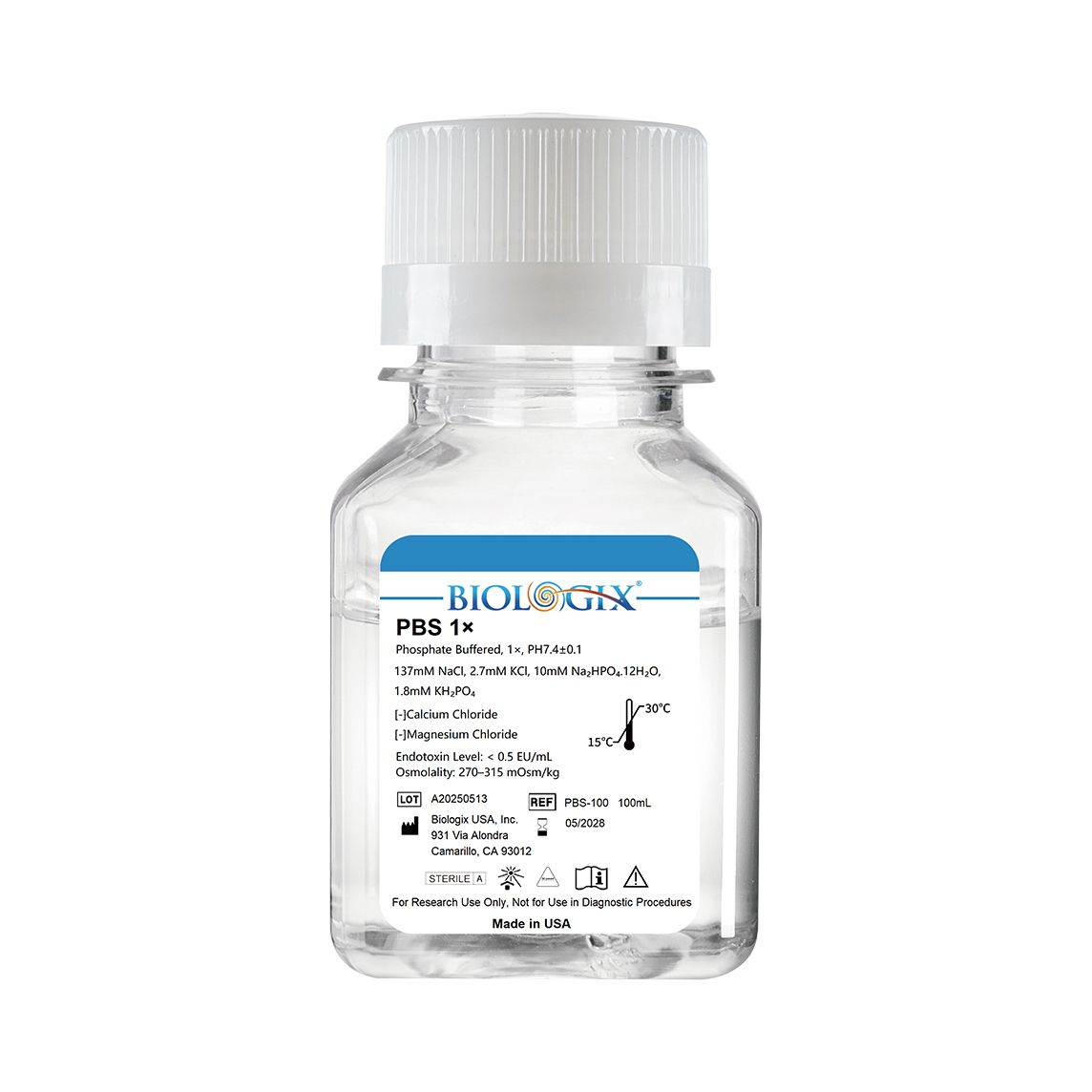 Biologix® PBS Buffer (1×), pH7.4, Low Endotoxin, 100mL/Bottle, 20 Bottles/Case