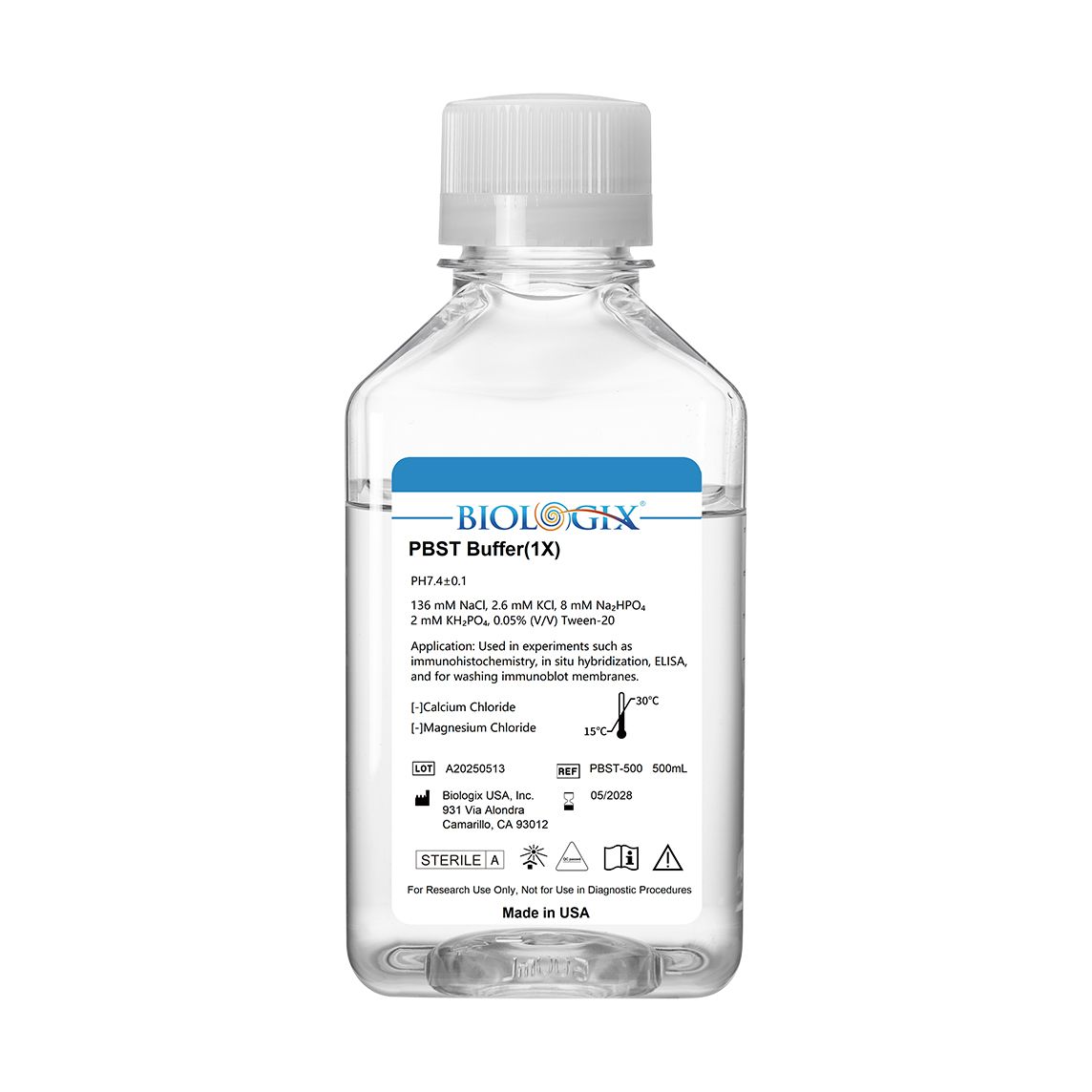 Biologix® PBST Buffer (1×), pH7.4, Sterile, Low Endotoxin, 500mL/Bottle, 10 Bottles/Case