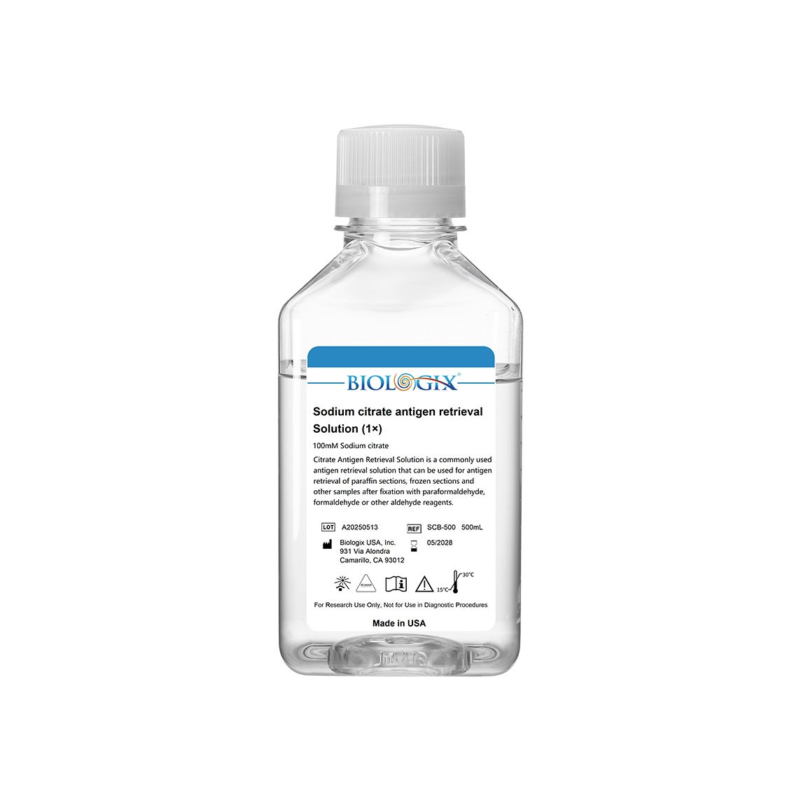 Biologix® Sodium Citrate Buffer (0.1M),  PH6.0, 500mL/ Bottle, 10 Bottles/Case