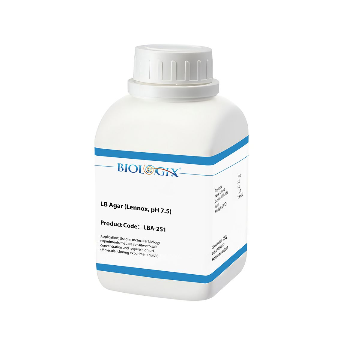 Biologix® LB Agar (Lennox, Low-Salt Version), Low-Salt Version, Powder, 250g/Bottle, 10 Bottles/Case