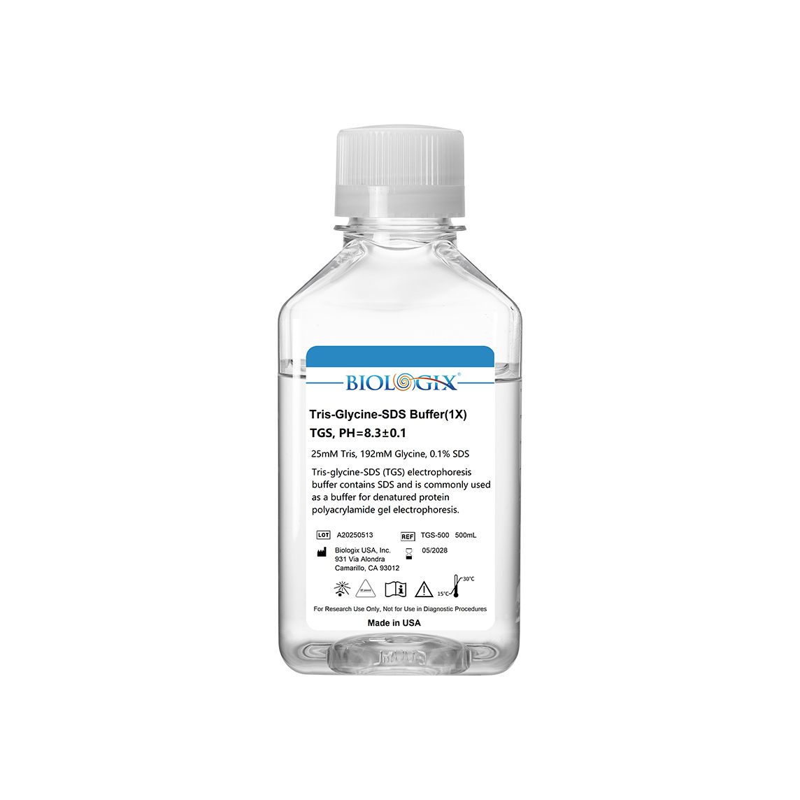 Biologix® Tris-glycine-SDS (TGS) Electrophoresis Buffer (1×), pH8.3, 500mL/Bottle, 10 Bottles/Case