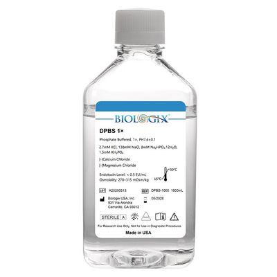 Biologix® DPBS Buffer (without Ca2+&amp;Mg2+) (1×), pH7.4, Sterile, Low Endotoxin, 1000mL/ Bottle, 6 Bottles/Case