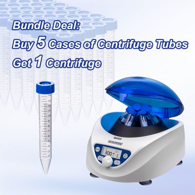 Biologix® 5 Cases of 15 mL Conical Centrifuge Tubes + 1 Centrifuge, Plug Seal/Flat Top, Rack/Bulk Package