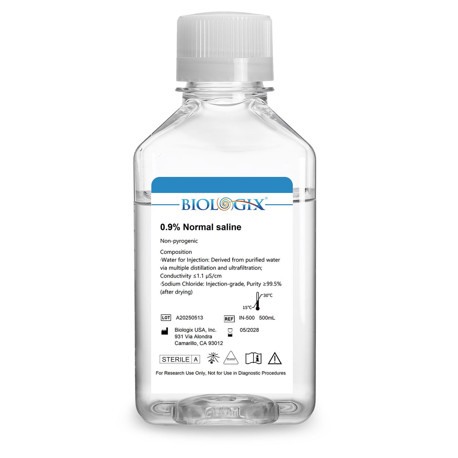 Biologix® 0.9% Nomal Saline Solution, 500mL/Bottle, 10 Bottles/Case