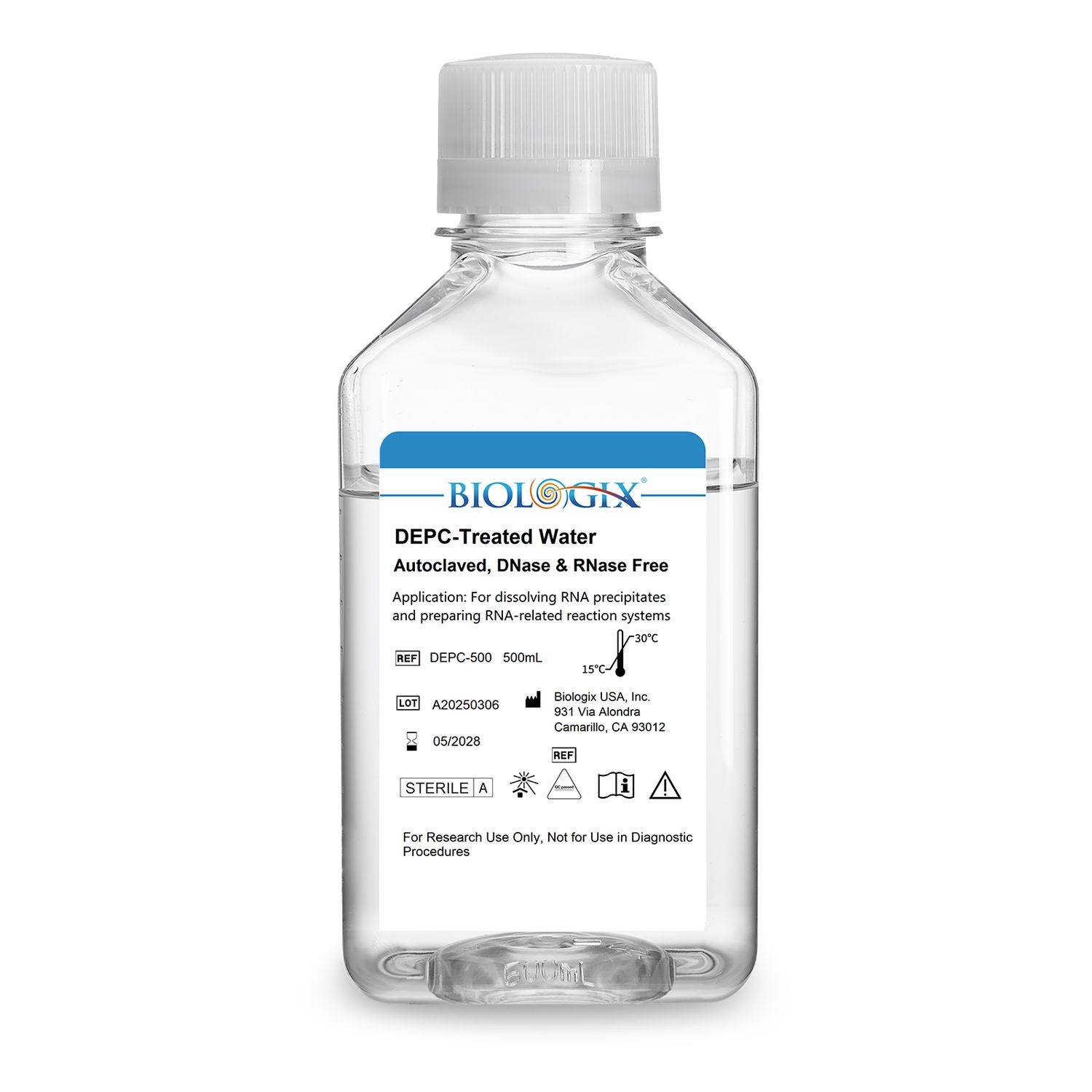 Biologix® DEPC-Treated Water (DNase, RNase free), Sterile, 500mL/ Bottle, 10 Bottles/Case