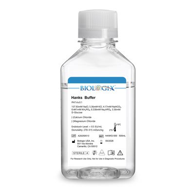 Biologix® Hanks Buffer (1×) (without Ca2+&amp;Mg2+), pH7.1-7.5, Sterile, 500mL/ Bottle, 10 Bottles/Case