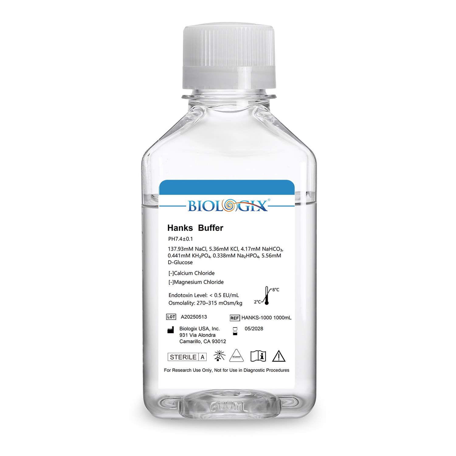 Biologix® Hanks Buffer(1×) (without Ca2+&amp;Mg2+), pH7.1-7.5, Sterile, 1000mL/ Bottle, 6 Bottles/Case